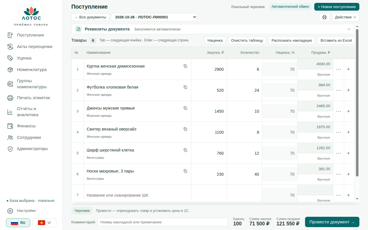 Поступление в Лотосе: таблица товаров с закупкой, количеством, наценкой и ценой продажи